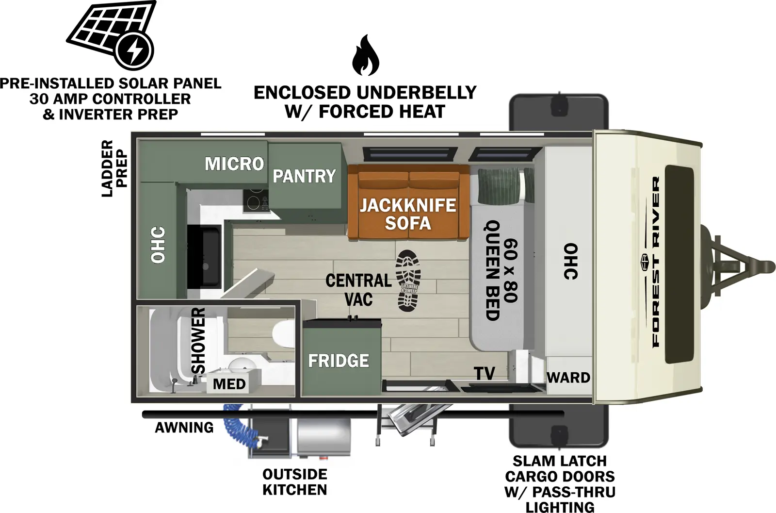 The No Boundaries NB18.0 floorplan has one entry and zero slide outs. Exterior features include: fiberglass exterior and outside kitchen. Interiors features include: front bedroom.